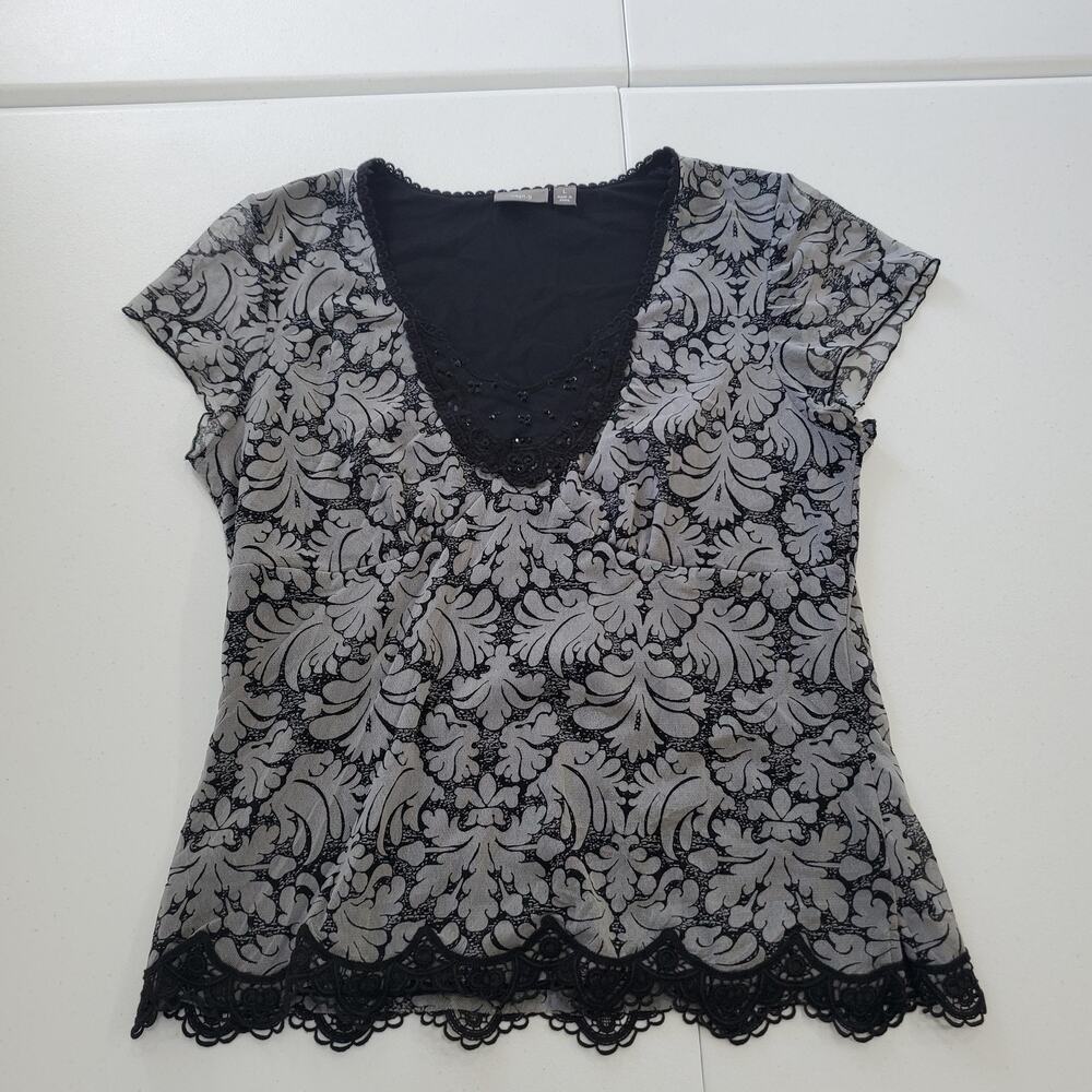 Y2K Fairy Grunge Top Womens Large Black Damask Lace Beaded V Neck Scalloped Hem